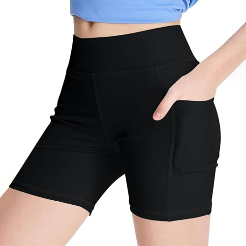 Radlerhose Mädchen Baumwolle Kurze Leggings unter Kleid für Teenager Mädchen Sport Stretchy Shorts Kurze Turnhose Elastisch Gymnastikhose 𝐊inder Hot Pants Dehnbar Shorts Fitness (Black, 12-13 Years)