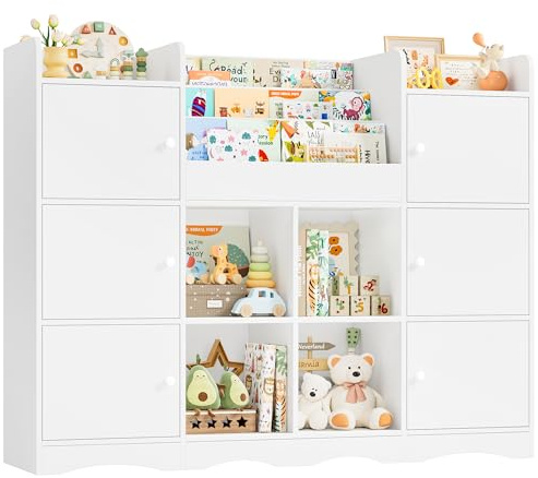 FOREHILL Organizer Giocattoli, Porta Giochi Bambini a 6 Scomparti con Ante, Mobile Porta Giochi a 4 Vani Portaoggetti Aperti, con Portariviste, per Cameretta e Sala Giochi, 140x30x106 cm (Bianco)