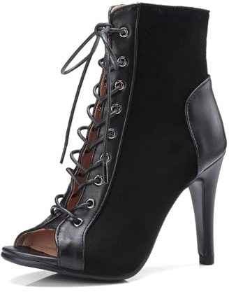 Generico Donna Materiale Misto Peep Toe Stivaletti Denim Suede Vernice Stiletto Tacco Alto Lacci Stivaletti Sera Danza Festa Scarpe Eleganti Pumps,Nero,38 EU