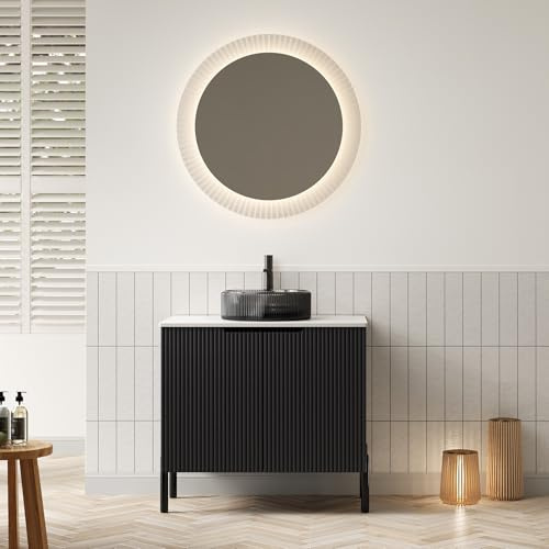 Generisch Tocador de baño independiente de 76 cm con lavabo de cristal negro transparente, encimera de piedra Carrara sinterizado, armario con puertas dobles y sistema de cierre suave