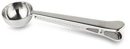 Café Olé CS C Stainless Steel Scoop for Ground Handy Built in Coffee Bean Bag Seal Clip, Grey