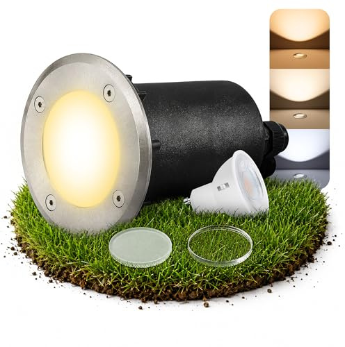 SSC-LUXon MARNE Bodeneinbaustrahler Außen IP67 Lampe - inkl. LED 6W GU10 dimmbar LumiFLEX drei Lichtmodi - Bodenspot für Garten und Terrasse | Dimmbarer Bodenspot rund IP67 für Terrasse, Balkon & Garten - warm / neutral / tageslicht, befahrbar bis 2t, Edelstahl