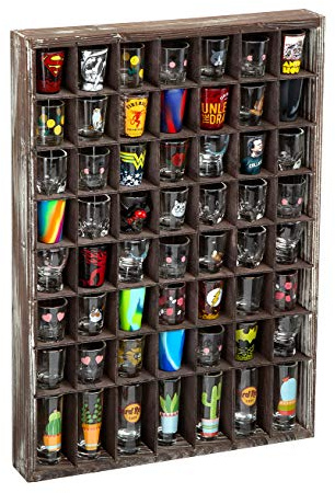 J JACKCUBE DESIGN - Rustic Wood Shot Glasses Display Case 56 Compartments Wall Mount Pint Glass Shadow Box Bar Cabinet Collection Freestanding - MK524A