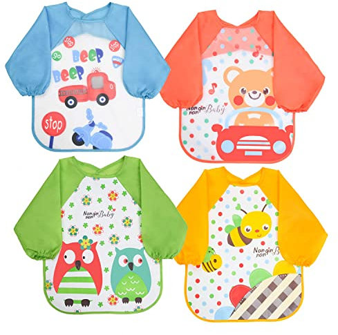 Vicloon Bibs with Sleeves, 4 Pcs EVA Unisex Feeding Baby Bibs Waterproof Long Sleeve Bib Apron Lovely Cute Cartoon Bibs for Infant Toddler 6 Months to 3 Years Old