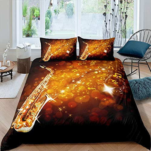 Loussiesd Klassische Musik Bettwäsche Set 135x200cm Goldenes Saxophon Bettbezug Set Jazz Funky Notes Design Betten Set Musikinstrument Luxus Dekor 2St