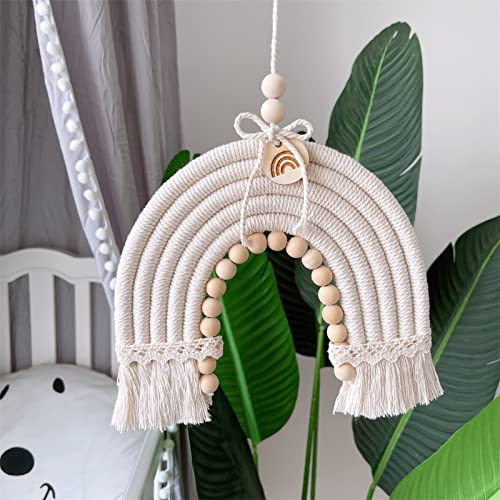 TROYSINC Makramee Wandbehang, Holzperlen Handgewebte Regenbogen Wandteppich Mädchen Kinderzimmer Wanddeko für Babyzimmer (Beige)