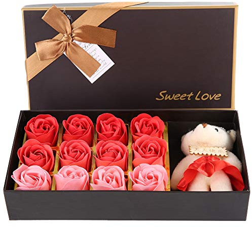 YUMILI Regalo di fiori, confezione regalo romantica, 12 fiori di rosa, fiori di sapone, orsetto di peluche, San Valentino, festa della mamma, regalo romantico con scatola (rosso) per lei