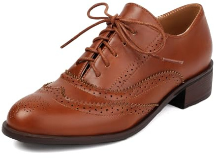 SHEMEE Women's Chunky Low Heels Oxfords Saddle Shoes Creeper Vintage Wingtip Brogues Perforated Flats Lace Up Pumps Brown,US 9.5