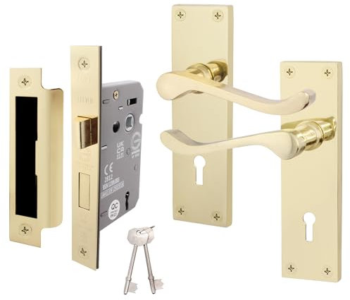 EAI Polished Brass Victorian Scroll Door Handle Key Lock Set | 1 Pair of Brass Internal Lever Lock Handles on Backplate with Sash Lock (64mm) & Keys