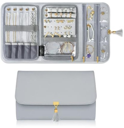LVUNZJCA Schmuck Organizer Rolle Schmuck Organizer Etui Schmuckrolle Leder Schmucketui Schmuck Aufbewahrungstaschen für Reisen(Gray)