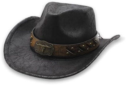 Western Cowboy Hat for Men Women Wide Brim Felt Leather Jazz Hats with Belt Buckle Cowgirl Hat imitation leather Black