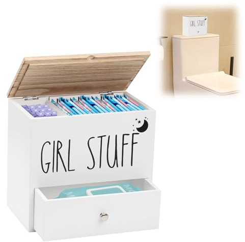 TOWEBOORY Bindor förvaring badrum, tamponghållare för badrum tamponger förvaring badrum med låda och lock trä förvaringslåda hygienartiklar för flickor, kvinnor, damer (vit)