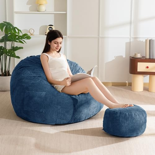 MAXYOYO Sönsäck stol med fotpall för vuxna och barn, bönpåse soffa och puff med skumfyllning, lat loungestol med handtag för vardagsrum sovrum spelläsning avslappnande