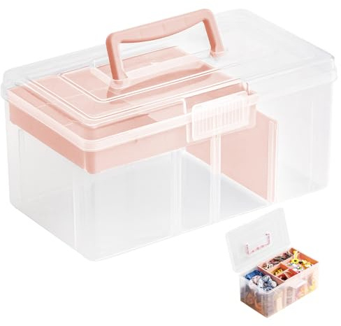 Stackable Clear Storage Box with Tray, Multi-Purpose Plastic Craft Storage Box with Lid, Portable with Compartment Craft Box for Storing Medicine Chest Toys, Stationery, Fishing Tackle(Pink)