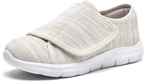 CHDDHX Zapatos Diabéticos para Mujer Ajustables Ancho Ortopédicos Zapatillas Anchas Respirable Comodos Antideslizantes Pantuflas Fascitis Plantar Beige Talla 35