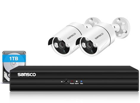 SANSCO HD CCTV Camera System, Home Security 8 Channel 5MP DVR Recorder, 2x 3K Waterproof Outdoor Bullet Cameras, Email App Alert, Night Vision, Face Detection, 1TB Hard Drive