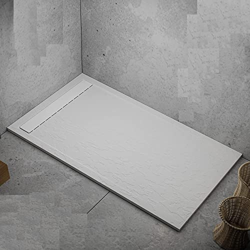 Plato de ducha blanco de mineralmármol con efecto piedra pizarra, serie Lisboa, Slim 3 cm, revestimiento Gelcoat, antideslizante