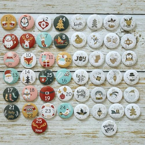 DAHI Lot de 2 boutons de calendrier de l'Avent numérotés de 1 à 25 pour loisirs créatifs, calendrier de Noël pour sacs en jute, badges, épingles (doré coloré)