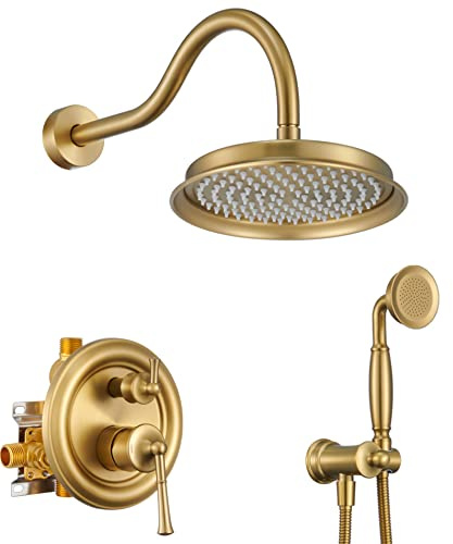 WINKEAR Rain Shower Head with Handheld Spray, Rainfall Shower System with Rough-in Valve, Luxury Shower Trim Kit Wall Mount, Brushed Gold