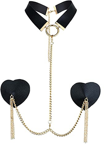 TJCGCKK Wiederverwendbare Metallkette Nippel Aufkleber mit Choker Kunstleder Metall Quaste Nippel Abdeckung Rave BH Sex Körper Kette