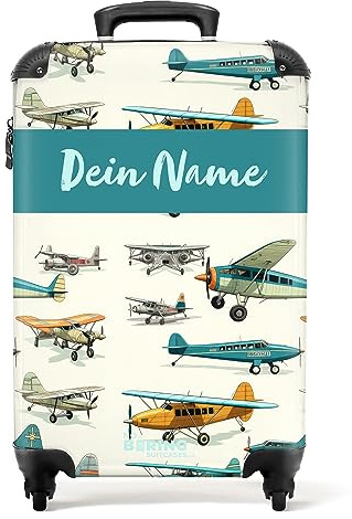 NoBoringSuitcases© Fotokoffer personalisiert, Kinderkoffer | 55x40x20 cm - Handgepäck Trolley, Koffer für kinder - Kindertrolley - Flugzeugmuster - Leicht - Koffer mit Namen Initialen