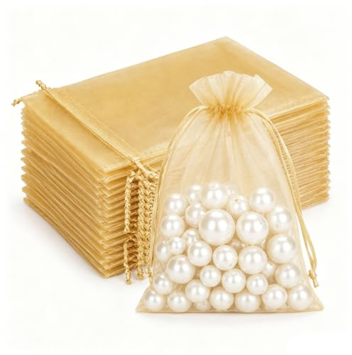 G2PLUS Gold Organzasäckchen 10x15cm: Geschenk Organzabeutel, 50 Stück Organza-Beutelchen mit Kordelzug Sie als Hochzeit Bonbonsbeutel, Schmuckbeutel, Geschenkbeutel