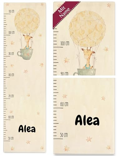 Messlatte Kind Holz - Giraffe in Heißluftballon mit Name - Geschenk für Kinder - 50-110 cm - Holz - baby giraffen-messlatte giraffen grössenmesser aus girafe kindermesslatte kinderzimmer
