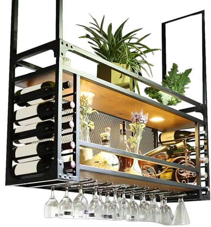 SPTZQURY Wine Rack Wall Mounted with Glass Holder, Ceiling Wine Glass Rack, 2 layer Black Industrial Metal Hanging Ceiling Shelf with Guardrails, for Bar, Kitchen, Cafe, Restaurant (black, 100cm)