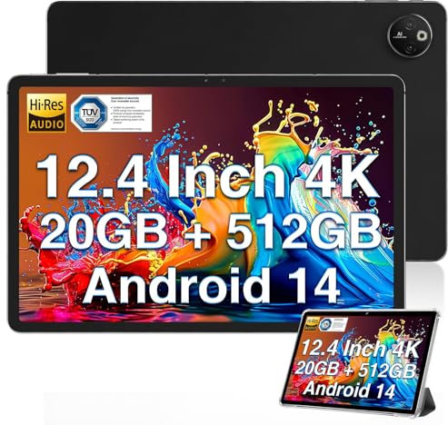 DOOGEE T30 MAX 12.4 Tablet 4K Android 14, 20(8+12) GB RAM 512GB ROM (2TB TF), 10800mAh/33W Android Tablet, 50+20MP Camera, Side fingerprint/Widevine L1/Face Unlock/Smart PA/Hi-Res/DRM L1, Black