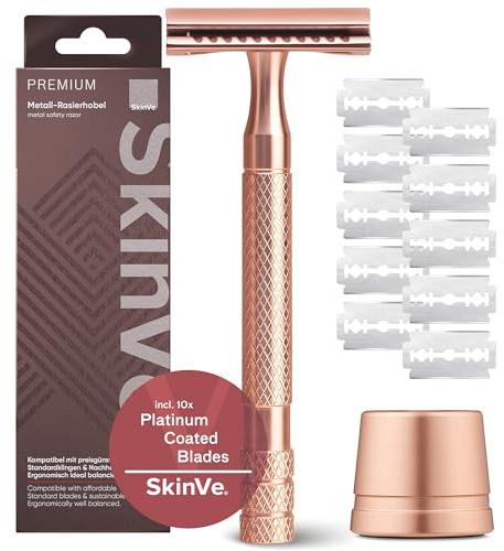 Maquinilla de afeitar SkinVe® Premium con soporte en oro rosa para mujer, incluye 10 cuchillas de afeitar I Zero Waste Mojado Maquinilla de afeitar I Afeitadora de seguridad sostenible con cabezal de