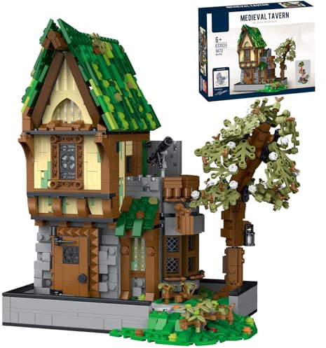 fisca 1872PCS Mittelalterliche Architektur Taverne Bauklötze Konstruktionsspielzeug mit Lichtern, sammelbare Taverne und Hüttenmodelle für Erwachsene Kinder