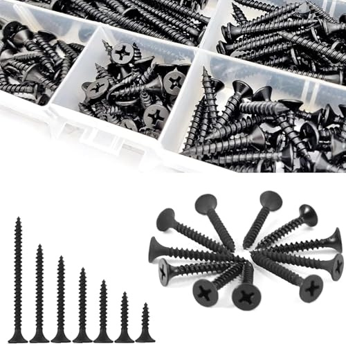 220 Vis Autoperforantes Noires Tête Plate - Vis à Bois & Placo (16-50mm) - Visserie Professionnelle pour Cloisons Sèches, Meubles, Métal - Boîte de Vis Polyvalente Bricolage/Chantier/DIY