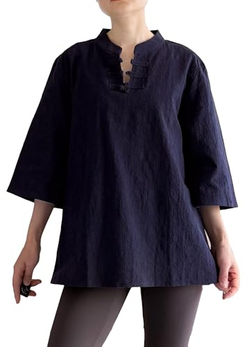 Minibee Women's 3/4 Length Sleeve Tops Cotton Linen Shirts Casual Blouse Summer Tops for Women Navy XL