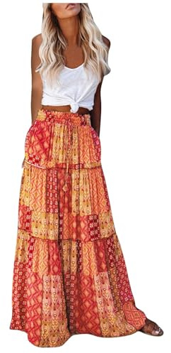 Women's Maxi Skirts Bohemian Chiffon High Waisted Casual Skirts with Pockets Elasticated Waist Summer Pleated Long Dresses Elegant Flowy A-Line Beach Skirt Holiday Drawstring Tiered Skirts
