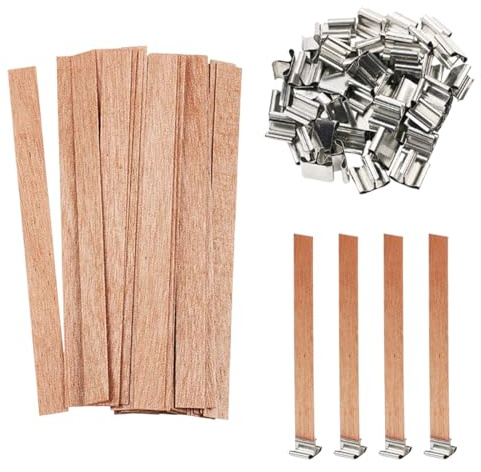 OHREN 50 PCS Mèches en Bois avec 50 PCS Supports en Métal, Mèches Naturelles et Écologiques Sans Fumée pour Fabrication de Bougies DIY (pour la Création de Bougies)