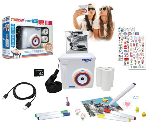 Lexibook, Starcam Print Appareil Photo Instantané, DJ130 | Imprimante instantanée, carte SD, 4 rouleaux de papier, dragonne, protection 3D, kit de personnalisation, Blanc