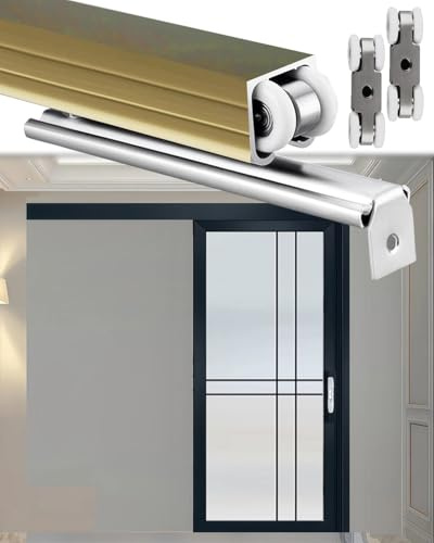 Kit Porte Coulissante Kit de Petite Porte Coulissante 51 56 61 71 76 81 91 99 cm, Kit de Roulettes Invisibles pour Porte de Grange, Noir, Champagne, or, Argent, Rail de Porte Escamotable pour Cuisine(