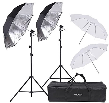 Juroupi Juroupi Off Camera Double Speedlight Flash Shoe Mount Soft Umbrella Kit 2 * 2m Light Stand +2 * 83cm Translucent White Soft Umbrella + * 83cm Black&Silver + *
