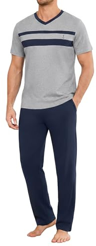 Marvmys Pijama Hombre Algodon Conjunto de Pijama Hombre Cuello en V Camiseta Manga Corta y Largos Pantalones con Bolsillos y Cordón