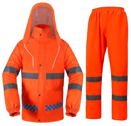 Unisex Hi Vis Rainsuit 2 Piece High Visibility Rain Jacket Rain Trousers Waterproof Workwear Mens Womens Rainwear Waterproof Jacket & Pants Suit Outdoor Hooded Raincoat Set for Hiking Traveling