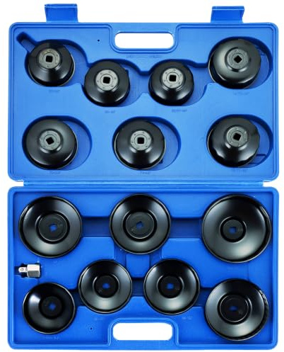 DASBET 15-tlg. Ölfilter-Nuss Set, Ölfilterkappen-Schlüssel Werkzeugset | im Becher-/Cup-Design mit 3/8 Antrieb, Ölfiltergehäuse Service Kit inkl. 1/2 Adapter