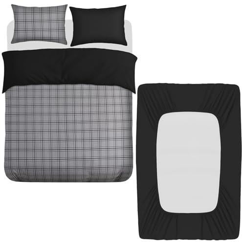 Grace 4 Pcs Double Duvet Set with Matching Black Double Fitted Sheet 40 cm Extra Deep Pocket - UltraSoft Breathable Premium Microfibre Reversible Quilt Cover Bedding Set For All Seasons