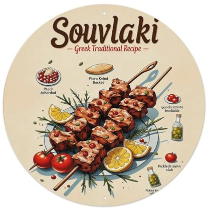 Souvlaki Greek Traditional Recipe Skewers Herbs Citrus_1 Round Tin Sign Vintage Metal Sign, Living Room,BAR, Home, Bedroom Wall Decor,Retro Metal Poster 8x8 Inches
