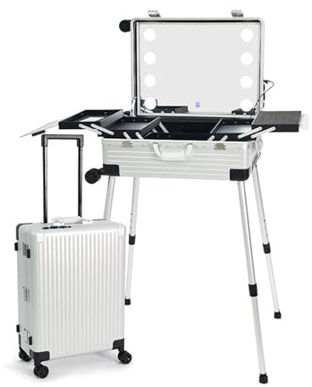 Professional Cosmetic Case with 8 LED Lights, Telescopic Stand, TSA Lock, Spinner Wheels, Travel Makeup Organizer Cart
