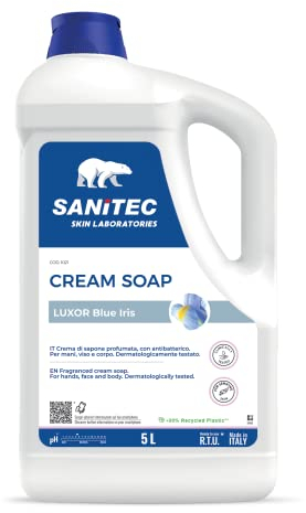 Sanitec, Luxor Blue Iris, Crema di Sapone Profumata Idratante con Glicerina e Antibatterico, Deterge le Mani Lasciandole Fresche e Pulite, pH 5,5, Dermatologicamente Testato, Made in Italy, 5L 5000ml