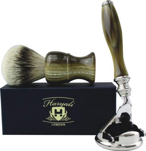 Mens 3 Edge Cartridge Compatible Luxury Razor Silver Tip Shaving Brush & Stainless Steel Razor Stand Holder Horn Shaving Gift Set