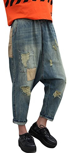 Youlee Donna Estate Patchwork Harem Pantaloni Distrutto Jeans Pantaloni a Gamba Larga Blue M