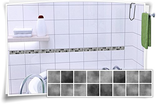 Medianlux Fliesenaufkleber Fliesenbordüre Bordüre Mosaik Grau Kachel Aufkleber FB1, 12 Stück, 25x6,5cm (BxH)
