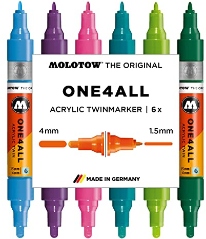 Molotow One4All Acrylic Twin Marker Basic-Set 2 (Strichstärke 1,5 mm und 4,0 mm, hochdeckend und permanent, UV-beständig, für fast alle Untergründe) 6 Stück sortiert