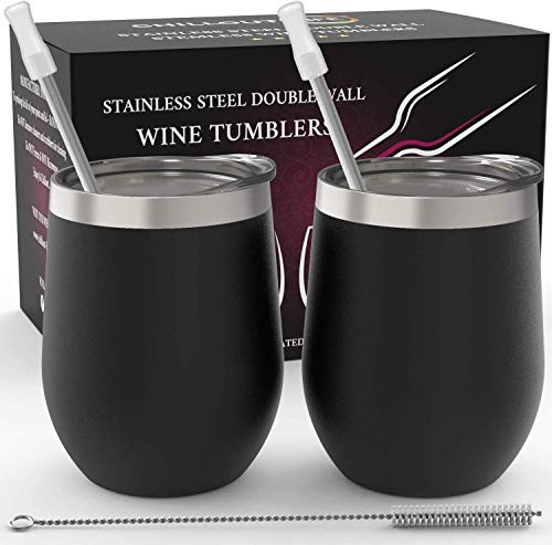 CHILLOUT LIFE Vasos de vino de acero inoxidable de 12 onzas, paquete de 2 vasos de vino aislados al vacío de doble pared con tapas y popotes, juego de mantener el frío y el calor para café, cerveza